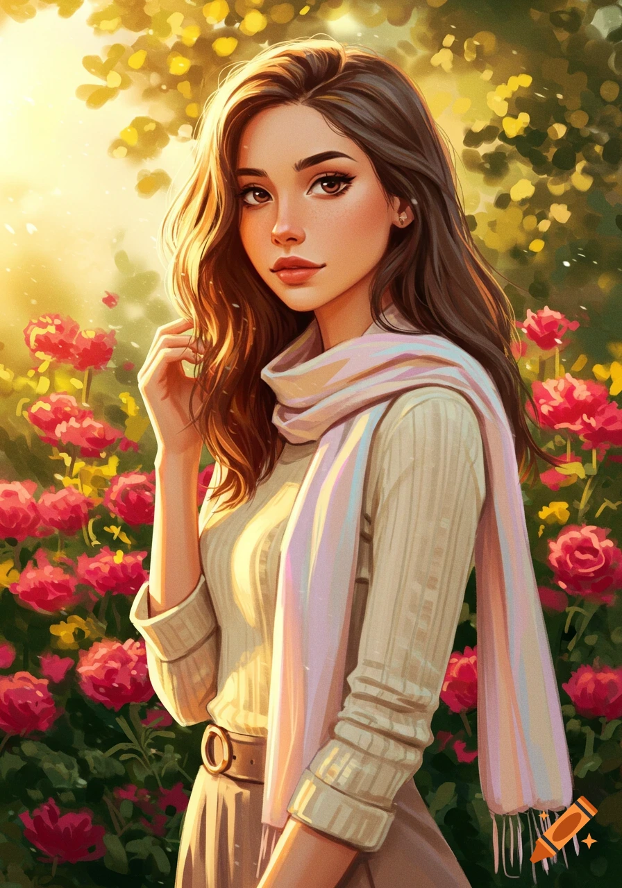 A cartoon-style girl with long brown hair and a pink scarf stands in a vibrant garden with red roses, bathed in warm sunlight.