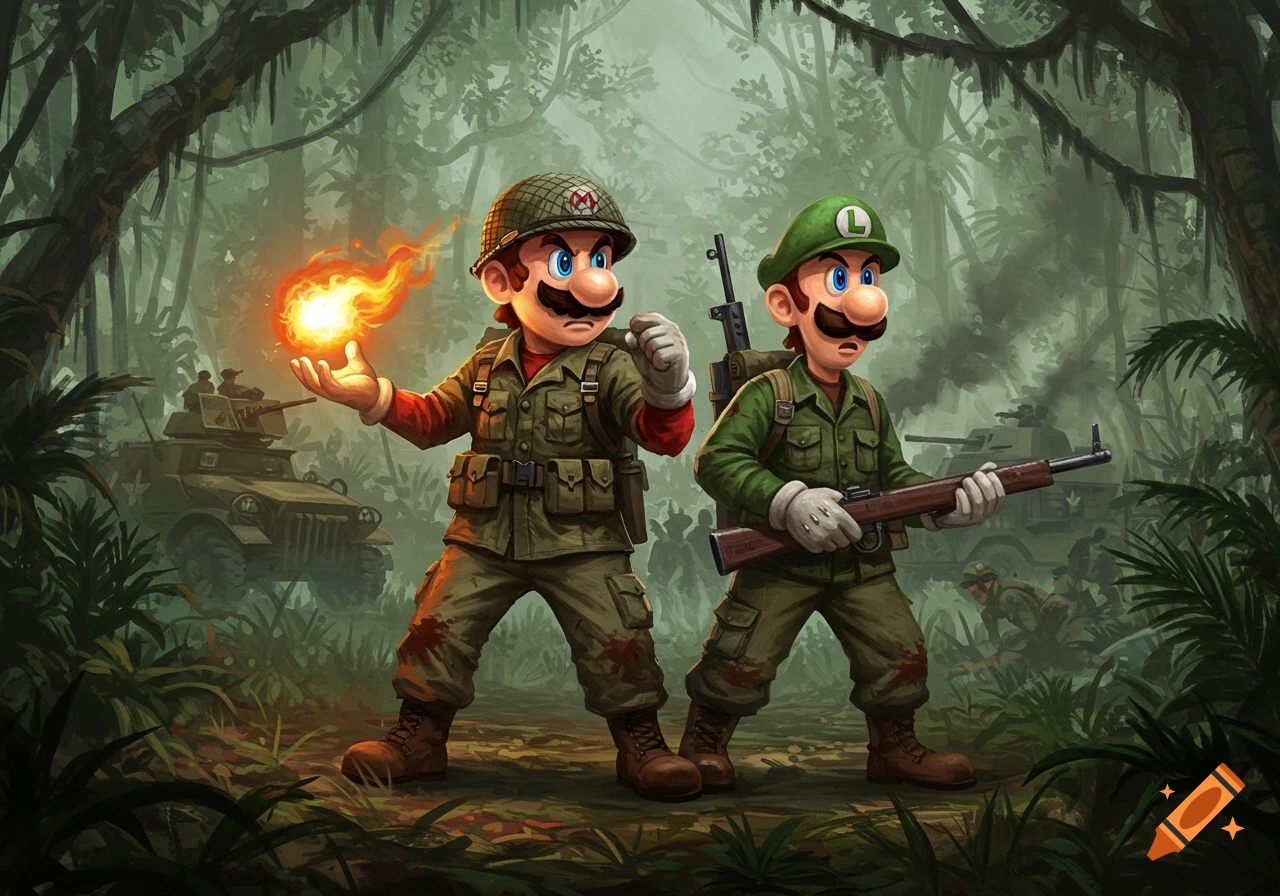 Mario and Luigi in military fatigues in a jungle, Mario holding a fireball, Luigi with a rifle, with military vehicles in the background.