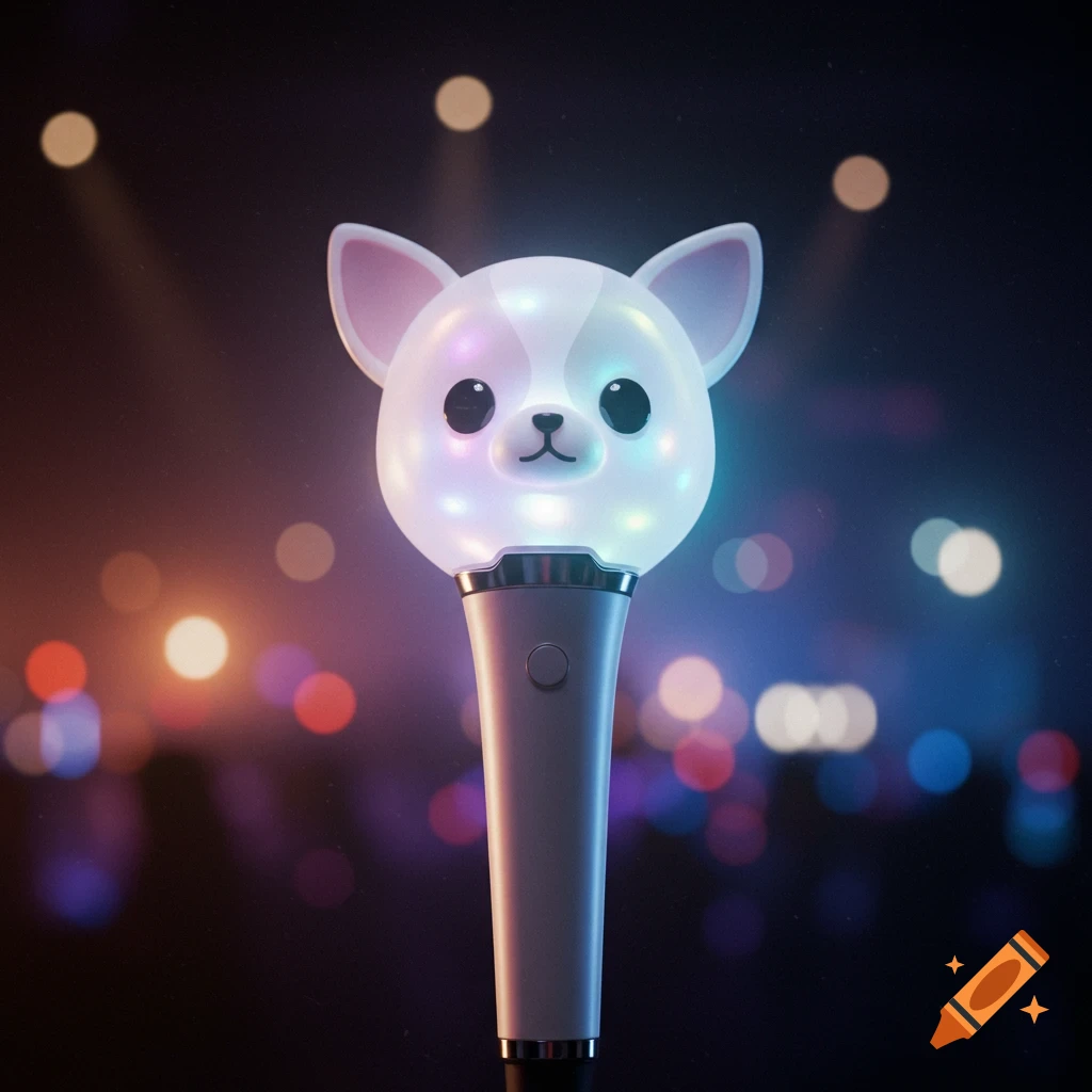 A white chihuahua head-shaped K-Pop light stick with colorful internal lights, held against a blurred, dark background with bright bokeh lights.