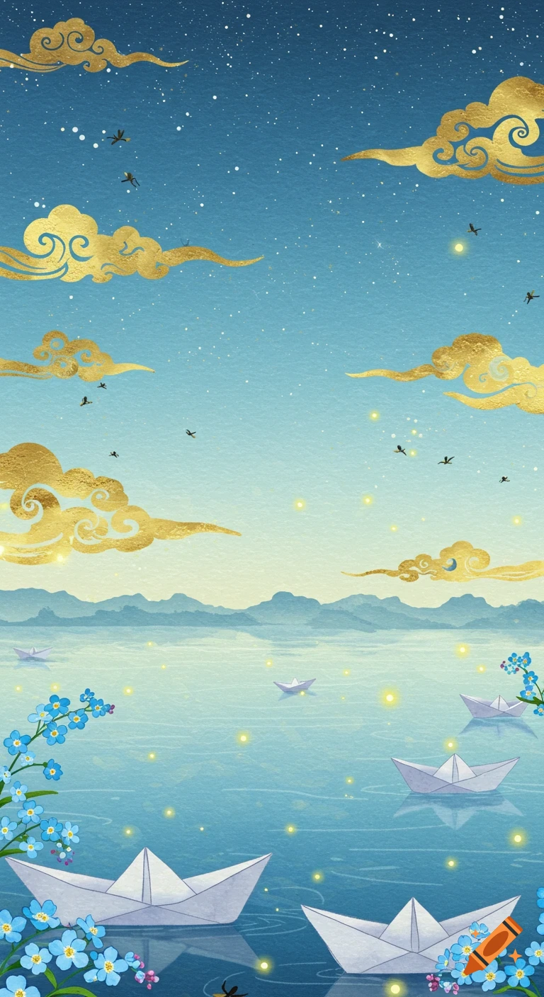 A dreamlike illustration of a serene summer night sky with golden, traditional-style clouds and sparkling stars over a calm lake dotted with paper boats, glowing fireflies, and forget-me-not flowers.