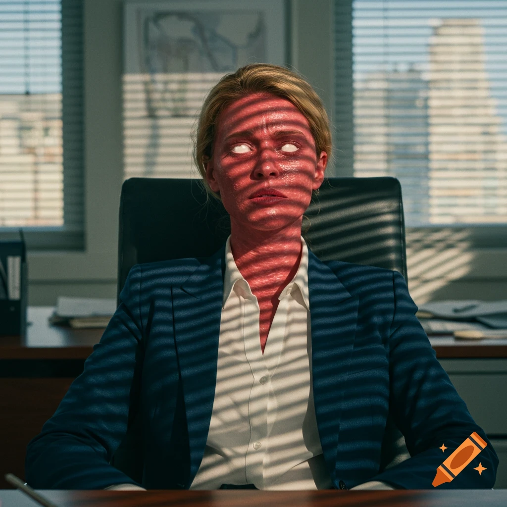 A woman in a business suit with red, severely sunburned skin and blank white eyes sits in an office, striped in shadows from window blinds.