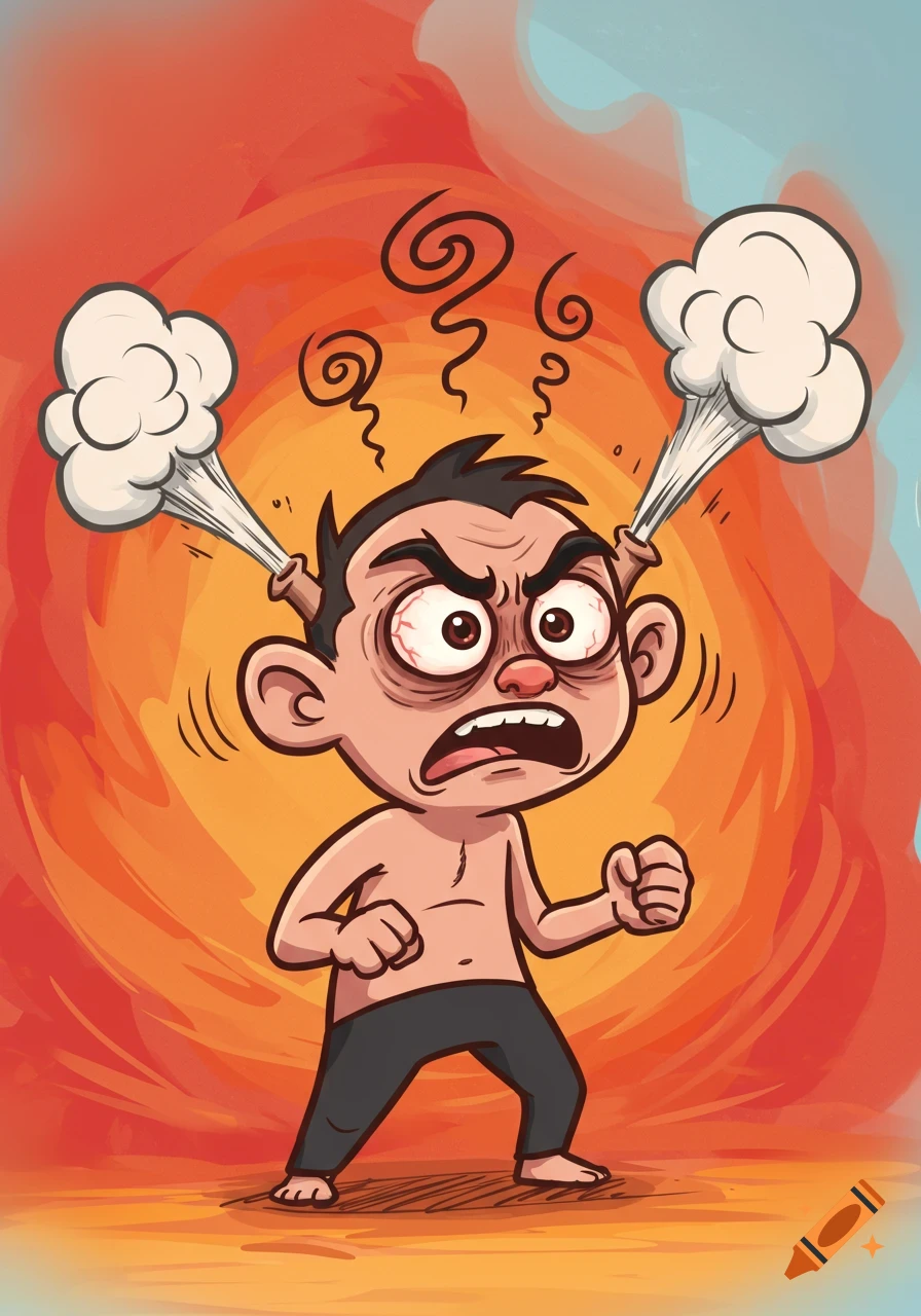 A cartoon character with a very angry expression, red eyes, and steam coming out of his ears, set against a fiery background.