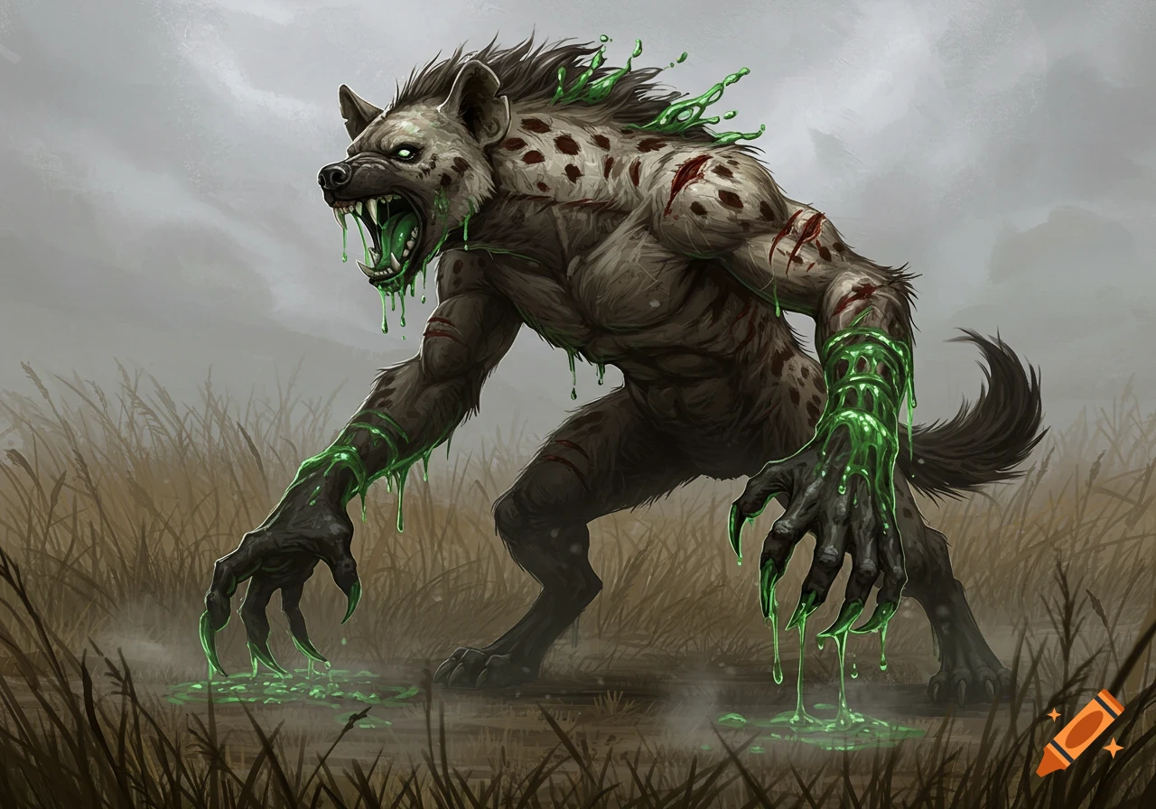 Snarling hyena monster with glowing eyes, green slime dripping from its sharp claws, and wounds on its fur stands in a misty, grassy field.