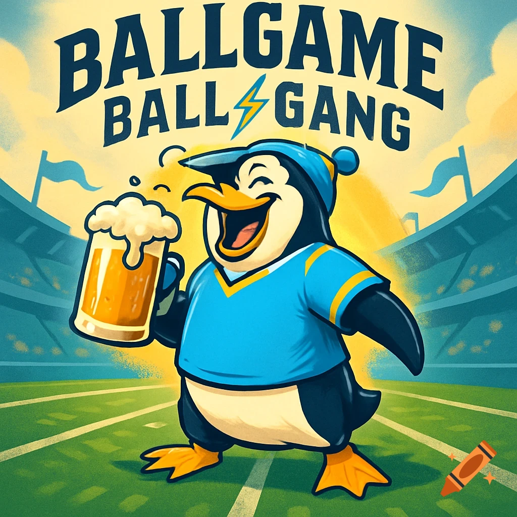 A laughing cartoon penguin mascot in a light blue football jersey holds a mug of beer in a stadium, with 'BALLGAME BALL GANG' text above.