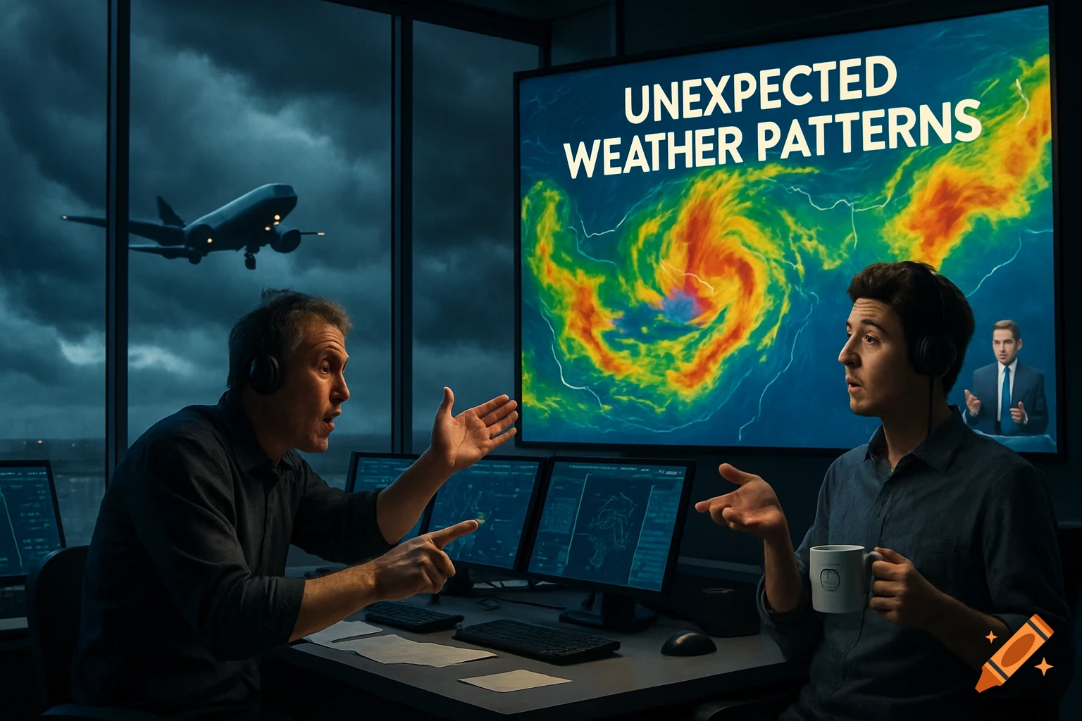 Two air traffic controllers in a tower, one pointing at a screen displaying 'UNEXPECTED WEATHER PATTERNS' and a storm, while an airplane takes off.