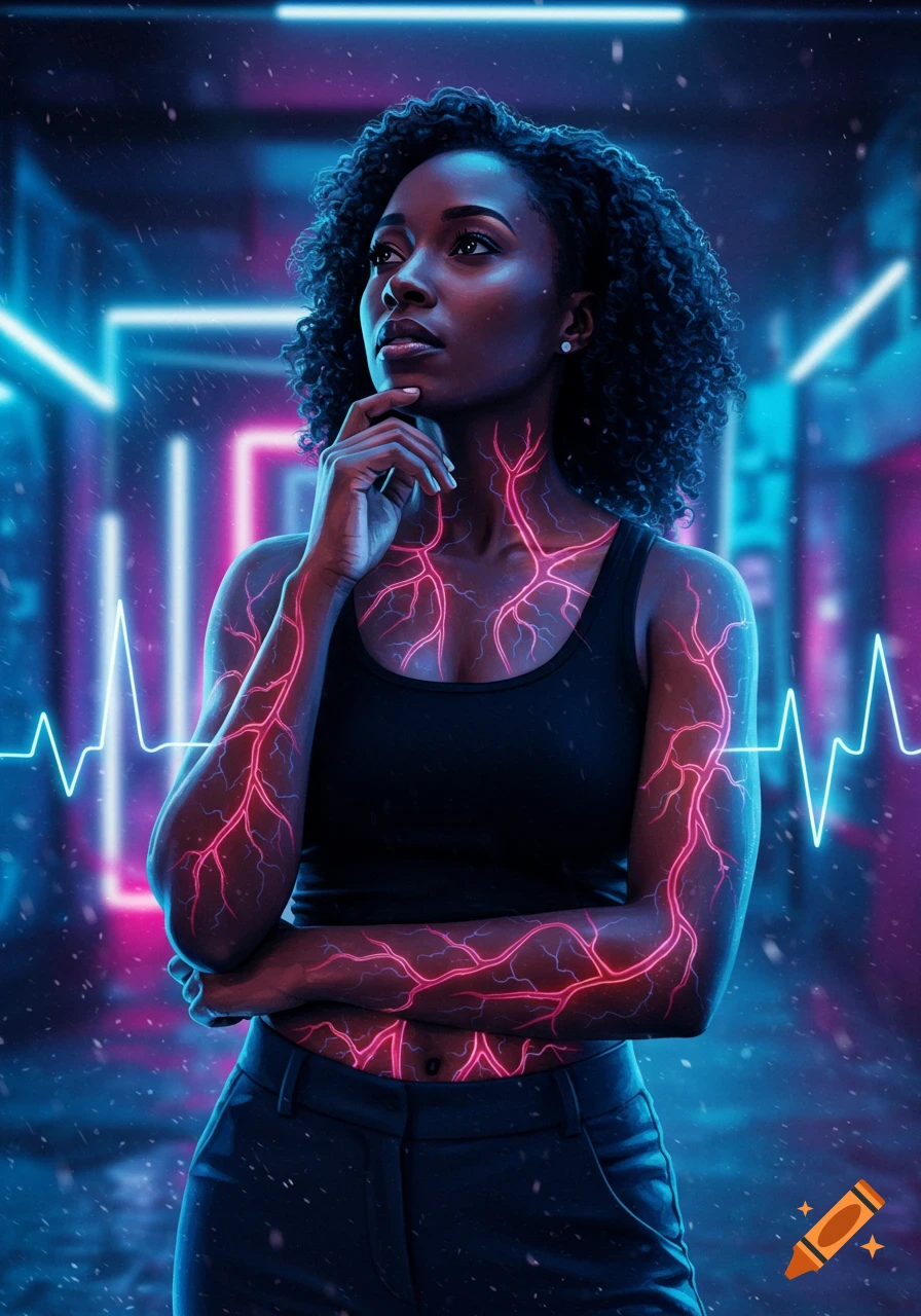 A Black woman with glowing pink lines on her skin, standing in a dark cyberpunk alley with blue and pink neon lights.