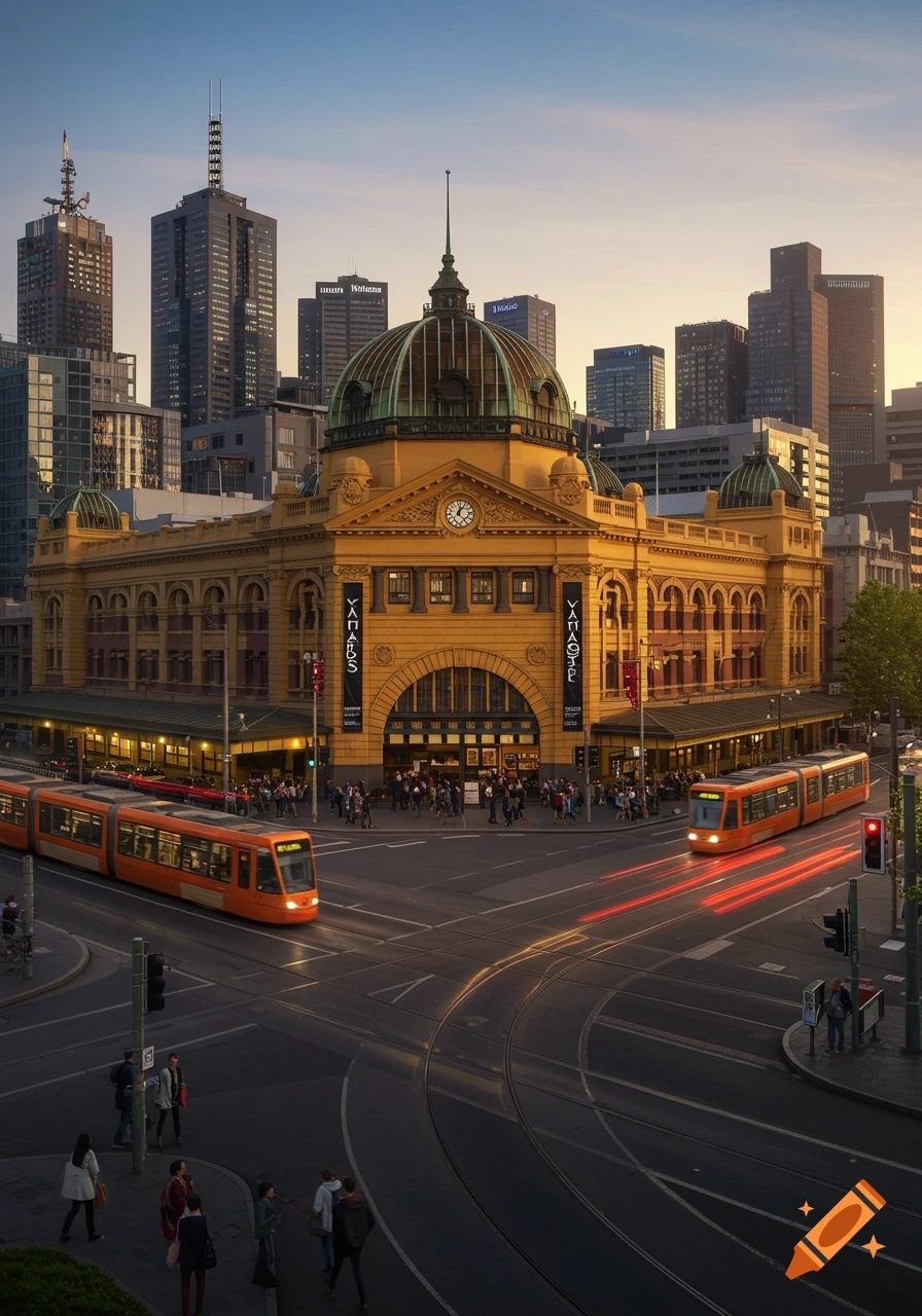 An aerial view of Flinders Street Station in Melbourne, Australia, at dusk with orange trams moving and city skyscrapers in the background.