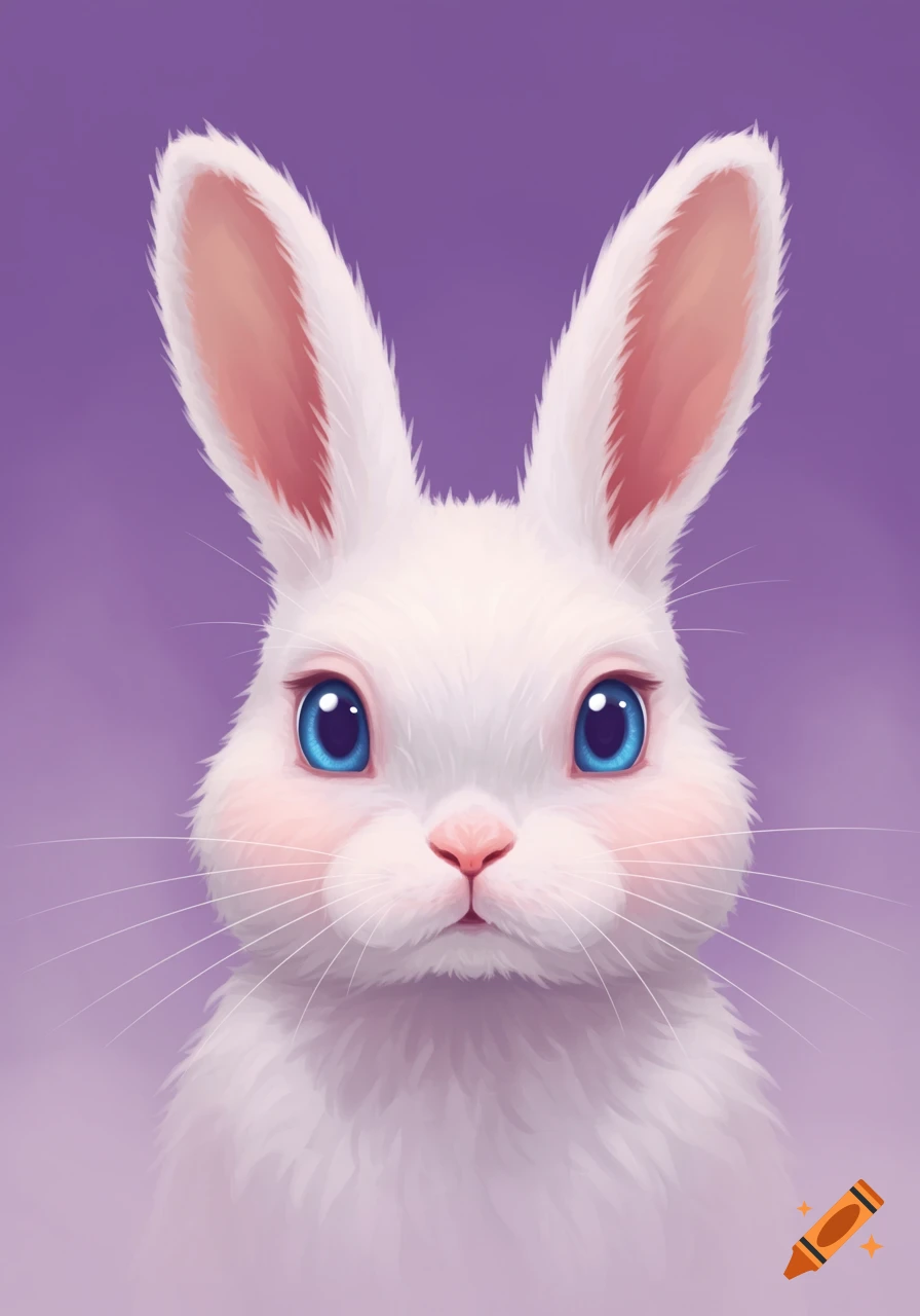 A close-up of a white bunny with large blue eyes and pink cheeks, set against a purple background.