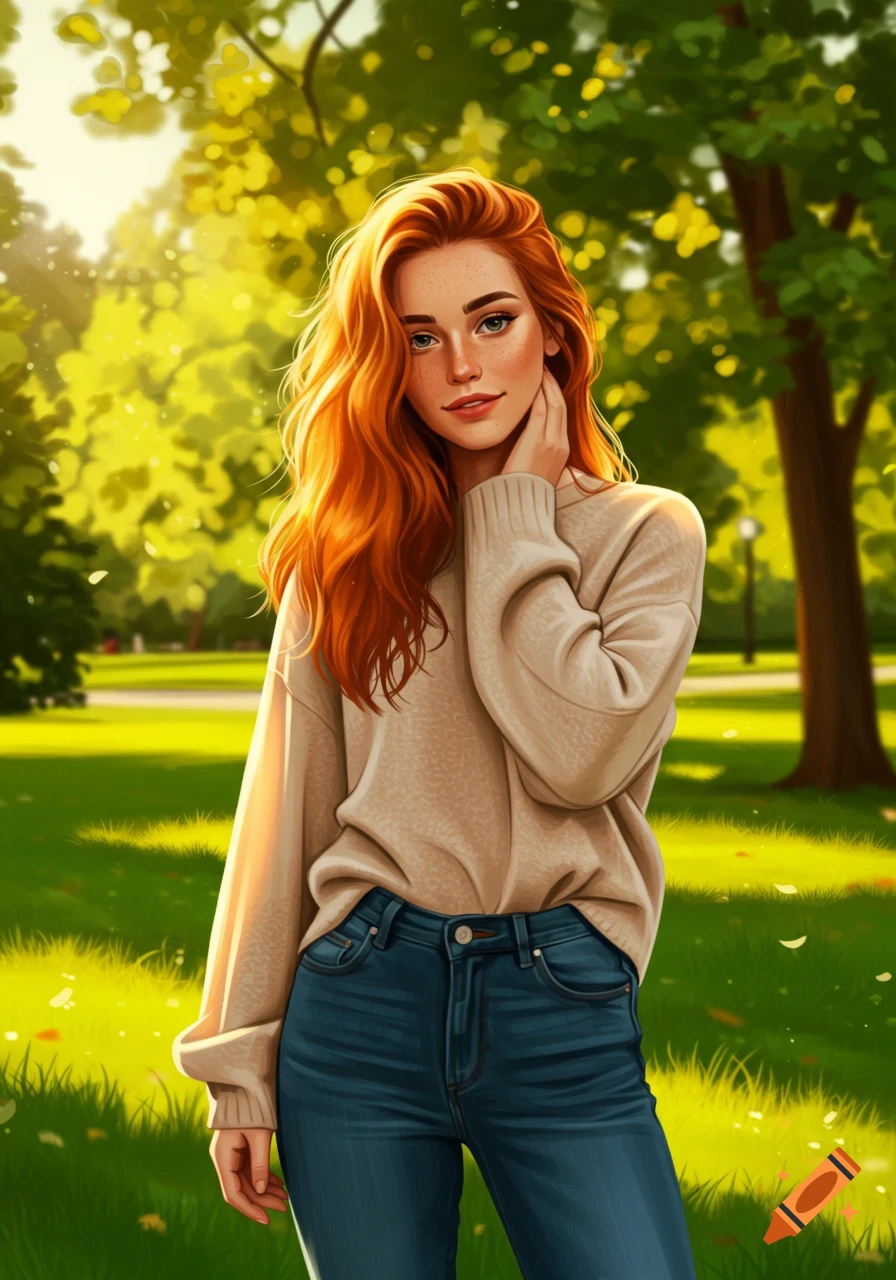 A digitally painted young woman with long red hair and freckles, wearing a beige sweater and jeans, stands in a sunny park.