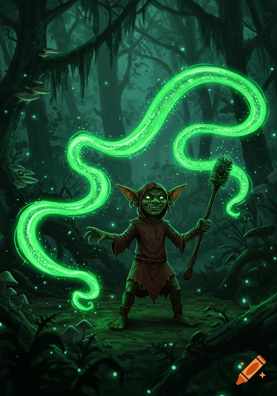 A grinning goblin in a brown robe stands in a dark forest, casting bright green magic with a toilet brush.