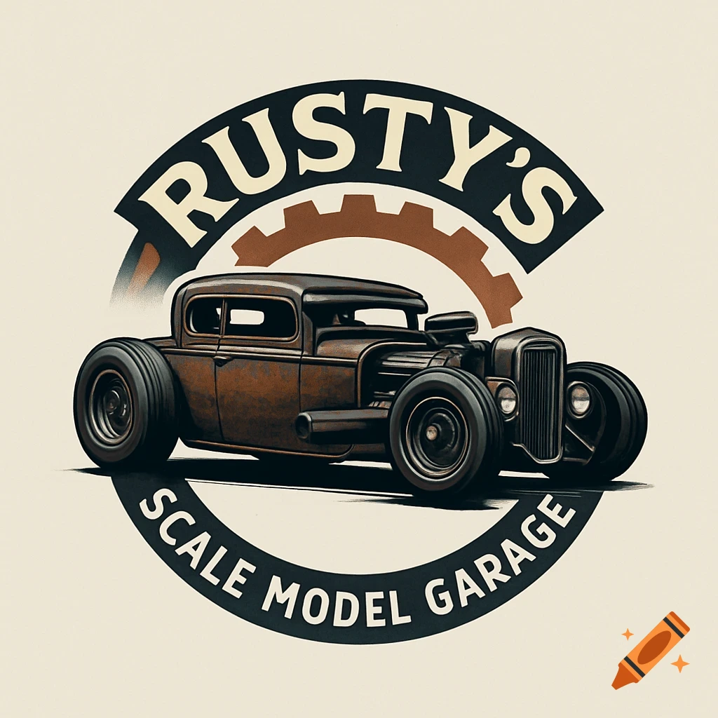 Logo for Rusty's Scale Model Garage featuring a brown rat rod car and a gear.