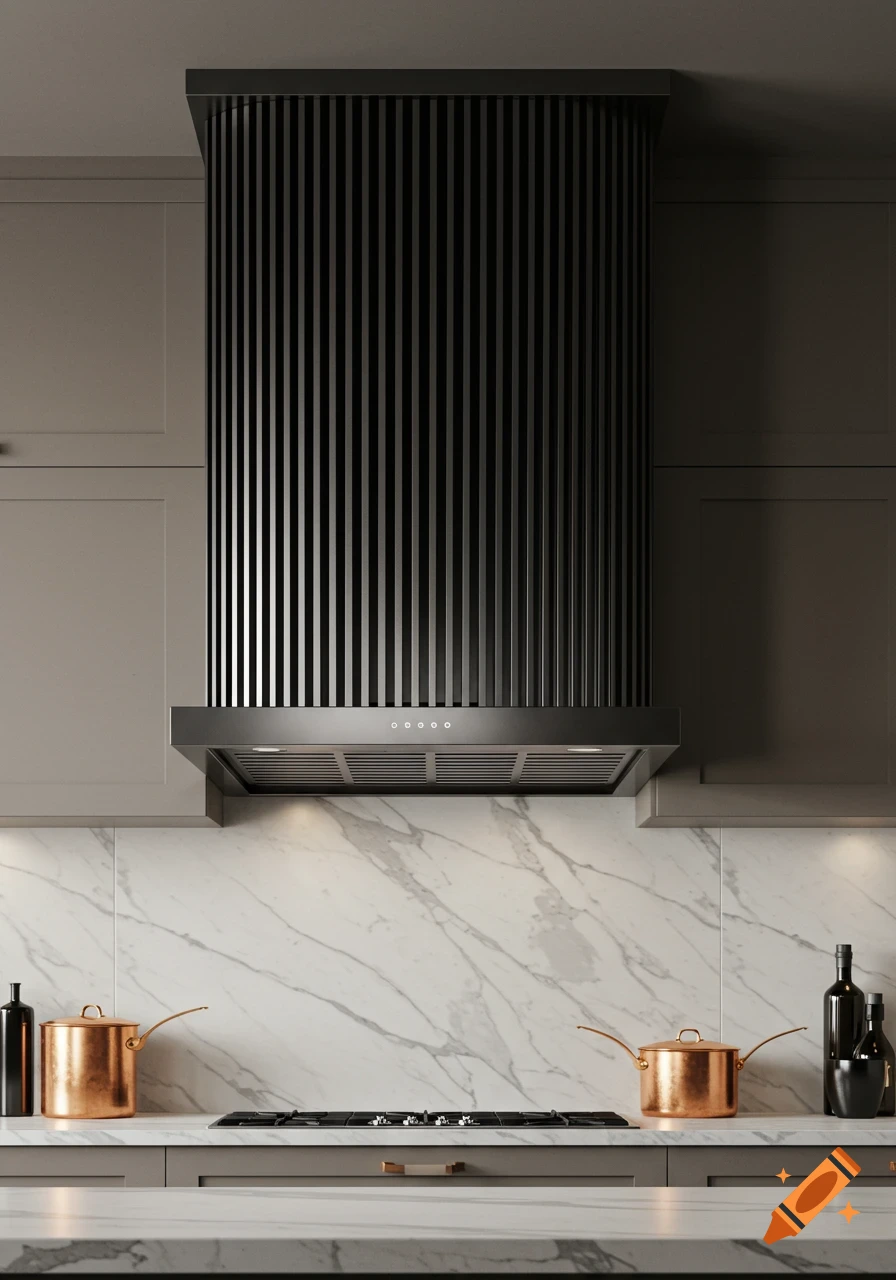 A modern kitchen with a black vertical slat range hood, white marble backsplash, and copper pots on a stovetop.