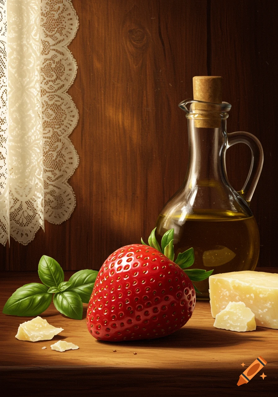 Photorealistic still life of a red strawberry, basil, olive oil, and cheese on a wooden table with a lace curtain.