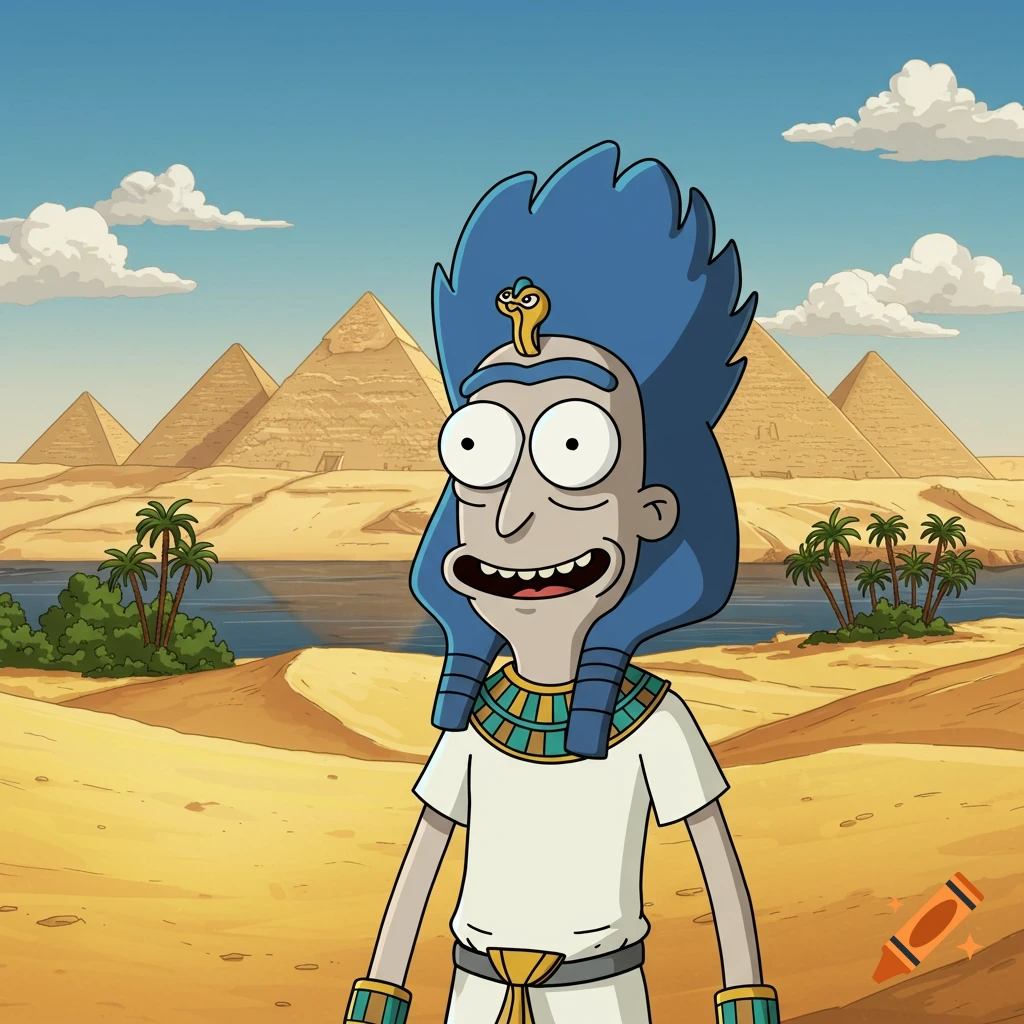 Rick from Rick and Morty dressed as an Egyptian pharaoh, standing in a desert with pyramids and the Nile River behind him, in cartoon style.