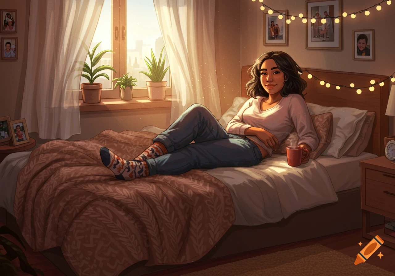 An illustrated Latina woman with dark wavy hair smiles while relaxing on a bed, holding a red mug in a sunlit, cozy bedroom with string lights and plants.