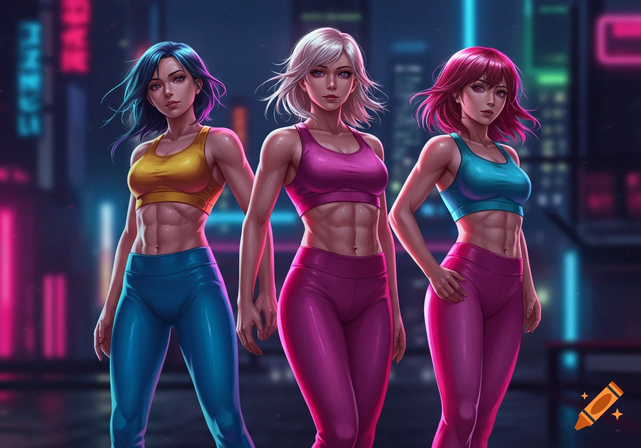 Three anime women with colorful hair, wearing sports bras and leggings, stand in a neon-lit futuristic city.