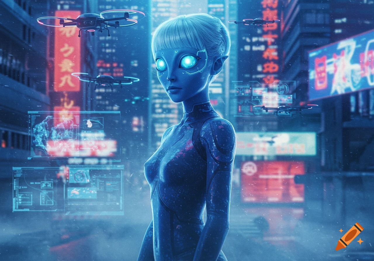 An alien woman with blue skin and glowing eyes stands in a futuristic cyberpunk city with drones and neon lights.