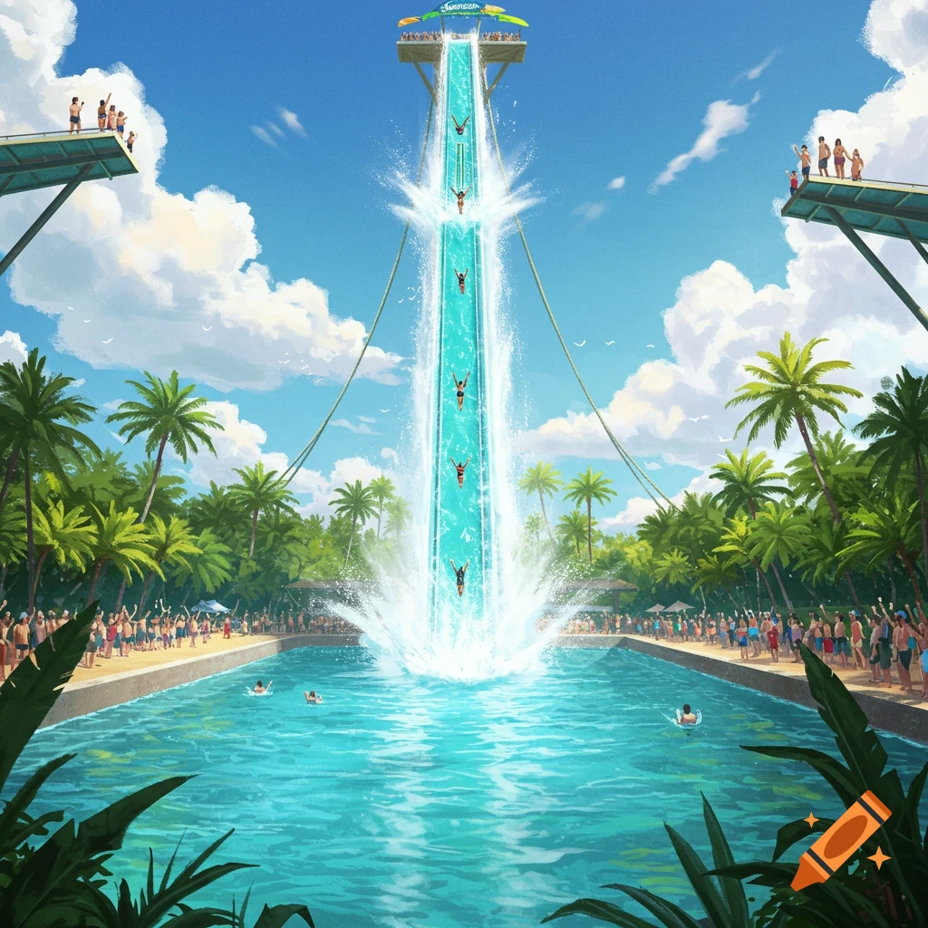A giant waterslide attraction with people sliding down into a splash pool, surrounded by spectators and palm trees at a waterpark.