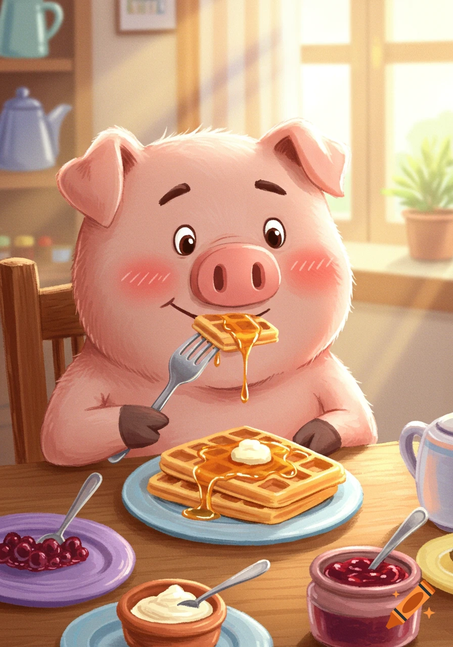 A cute cartoon pig sitting at a table, happily eating a waffle with syrup and butter for breakfast.