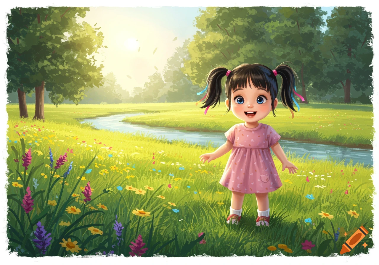 A cute cartoon girl with pigtails stands in a sunny green field with colorful flowers and a small stream.