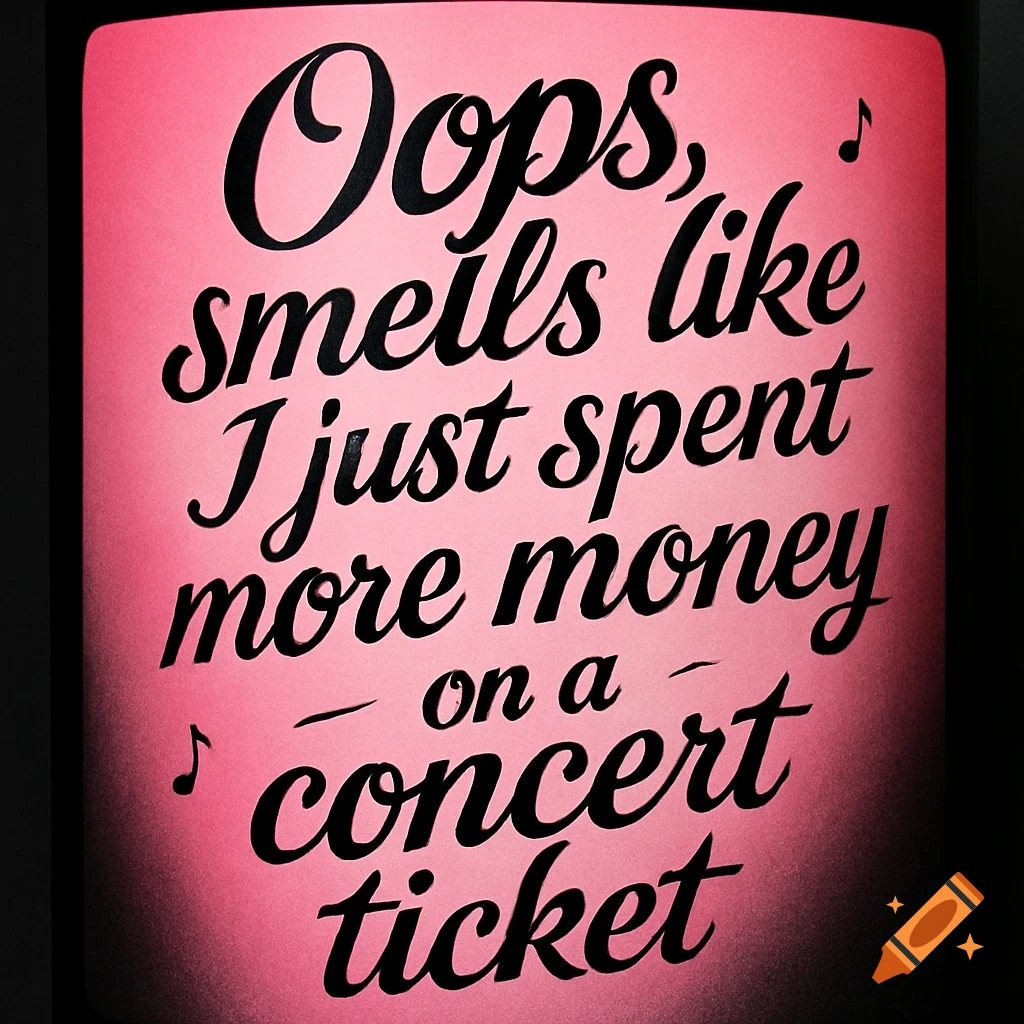 Black cursive text on a pink background reads 'Oops, smells like I just spent more money on a concert ticket,' with musical notes.