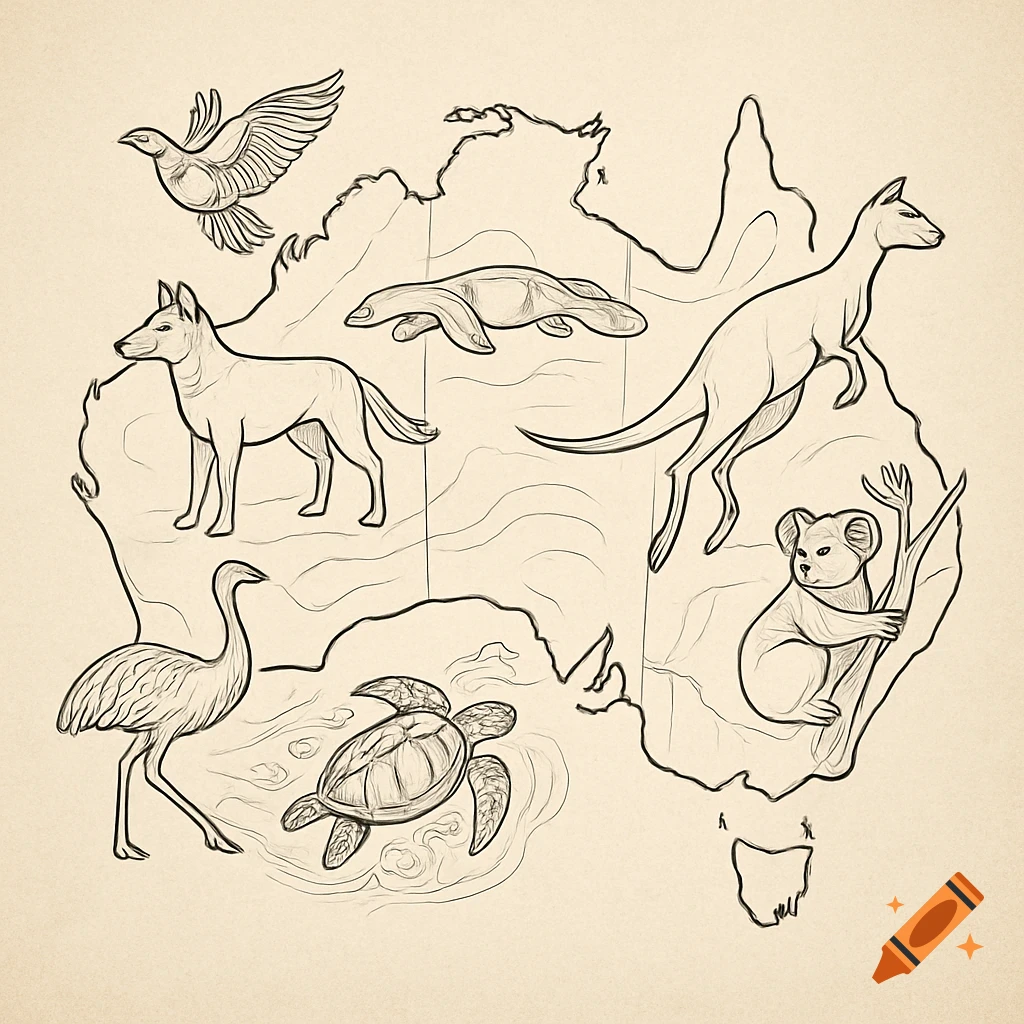 A line drawing of the map of Australia with various Australian animals, including a dingo, kangaroo, koala, emu, bird, and turtle.