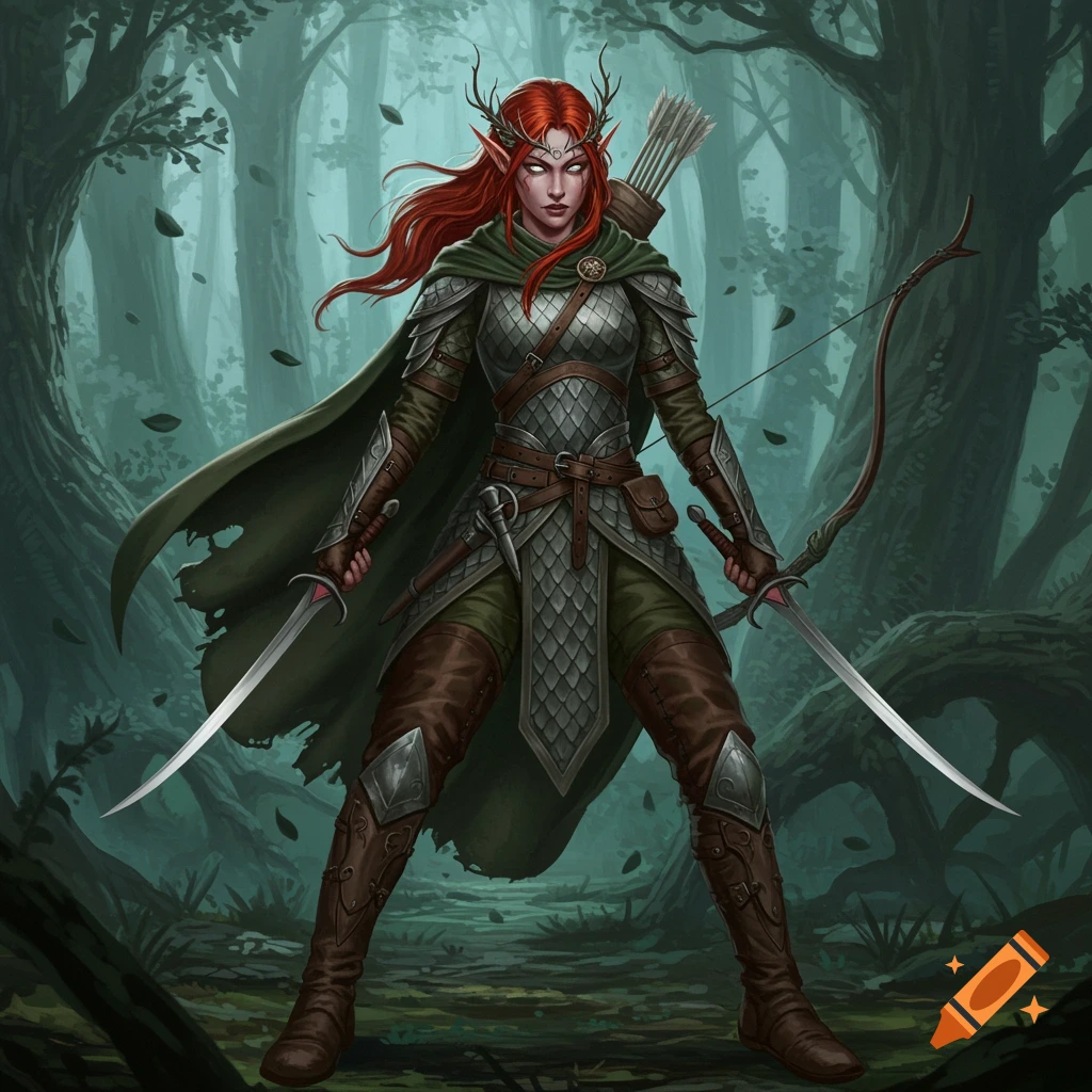 A red-haired female elf ranger in scale mail armor, holding two swords, stands in a dark forest.