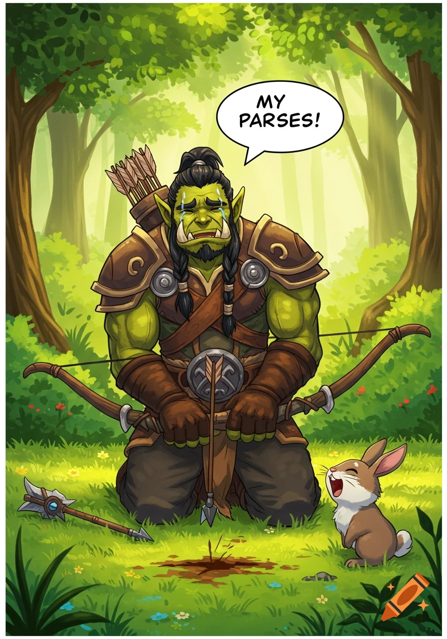 Anime-style green orc hunter cries over a missed arrow as a rabbit laughs. A speech bubble says 'MY PARSES!' in a forest.
