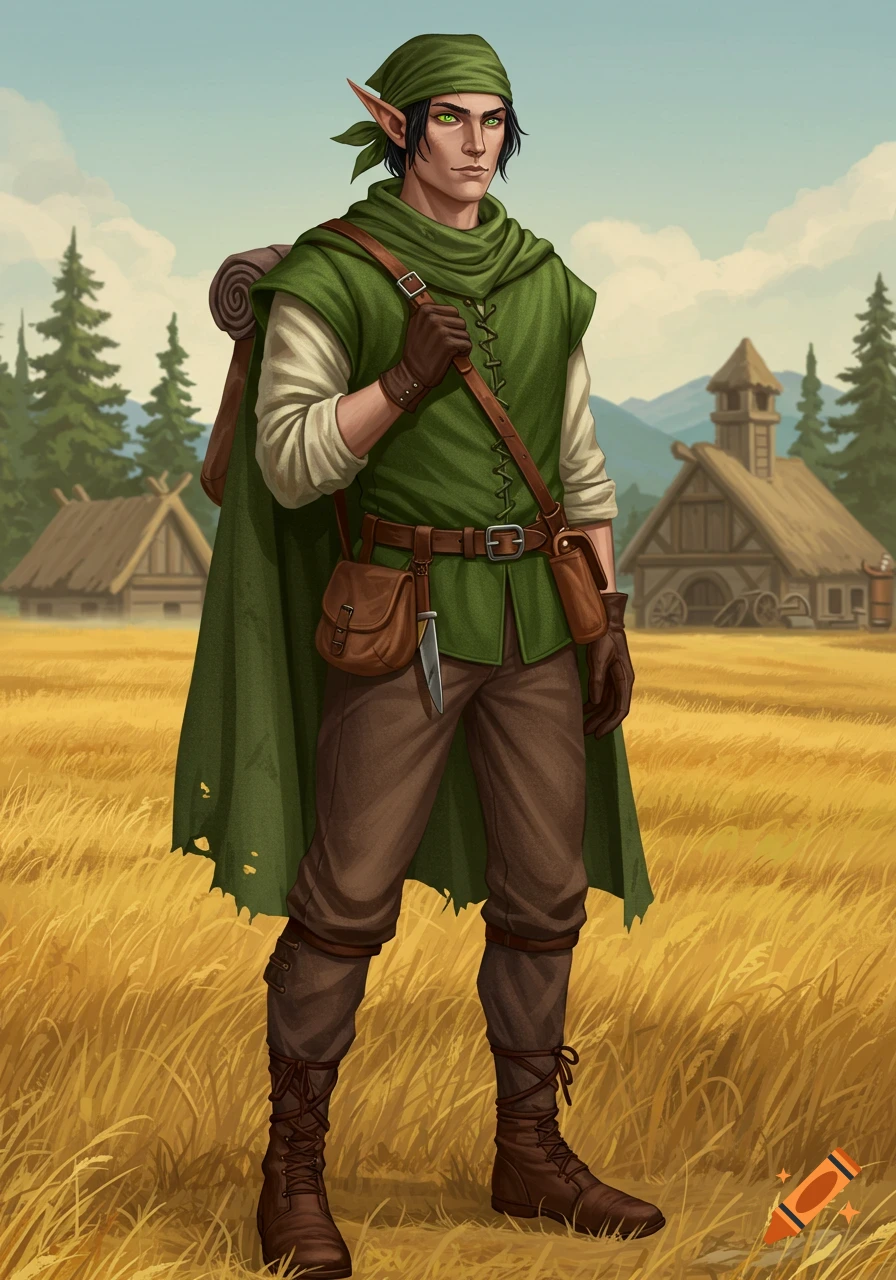 A digitally painted half-elf man in a green cloak and bandana stands in a golden field with rustic buildings.