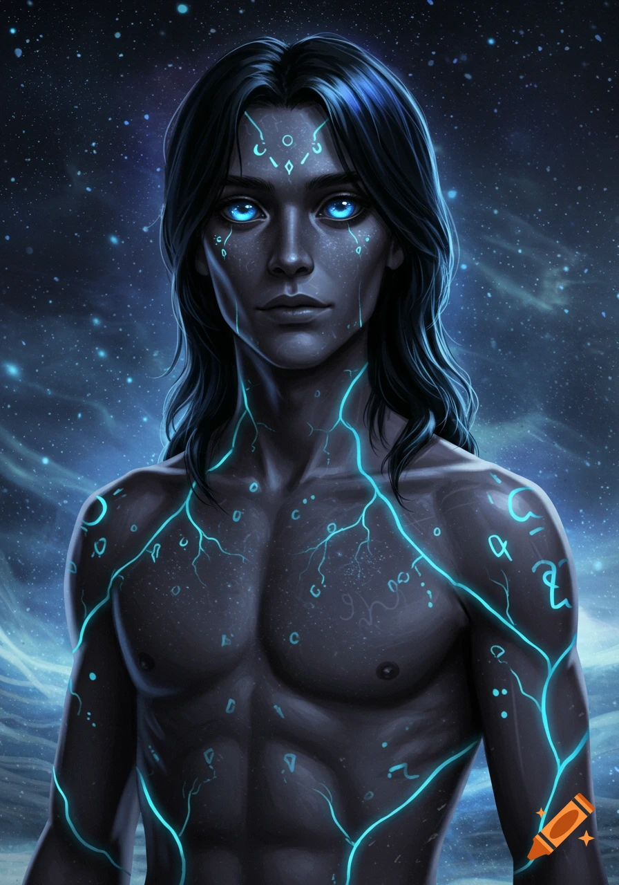 A handsome dark-skinned alien male with glowing neon blue veins and symbols, piercing blue eyes, and long dark hair, against a cosmic starry background. Digital art style.