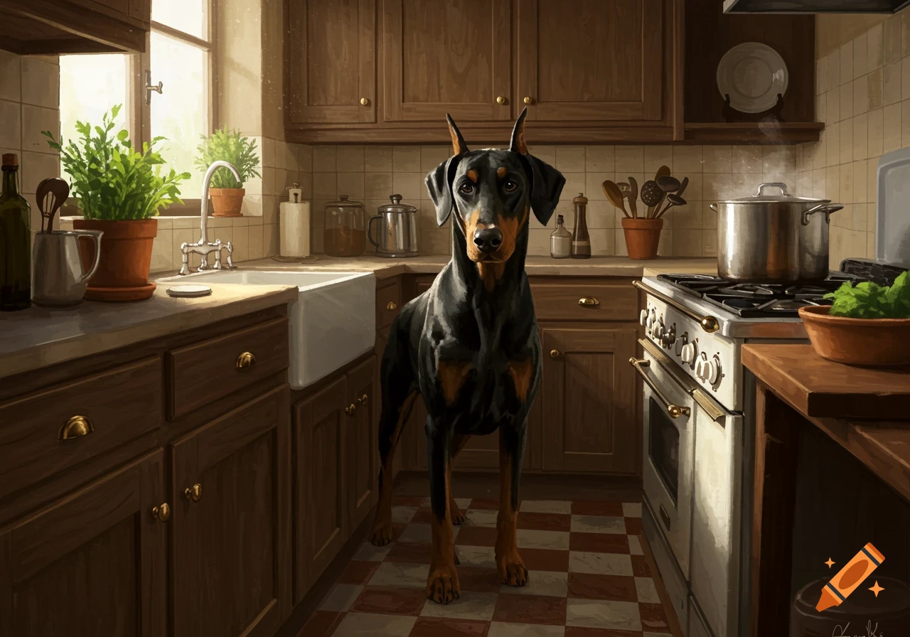 A black and tan Doberman stands in the middle of a rustic kitchen with wooden cabinets and a checkered floor.