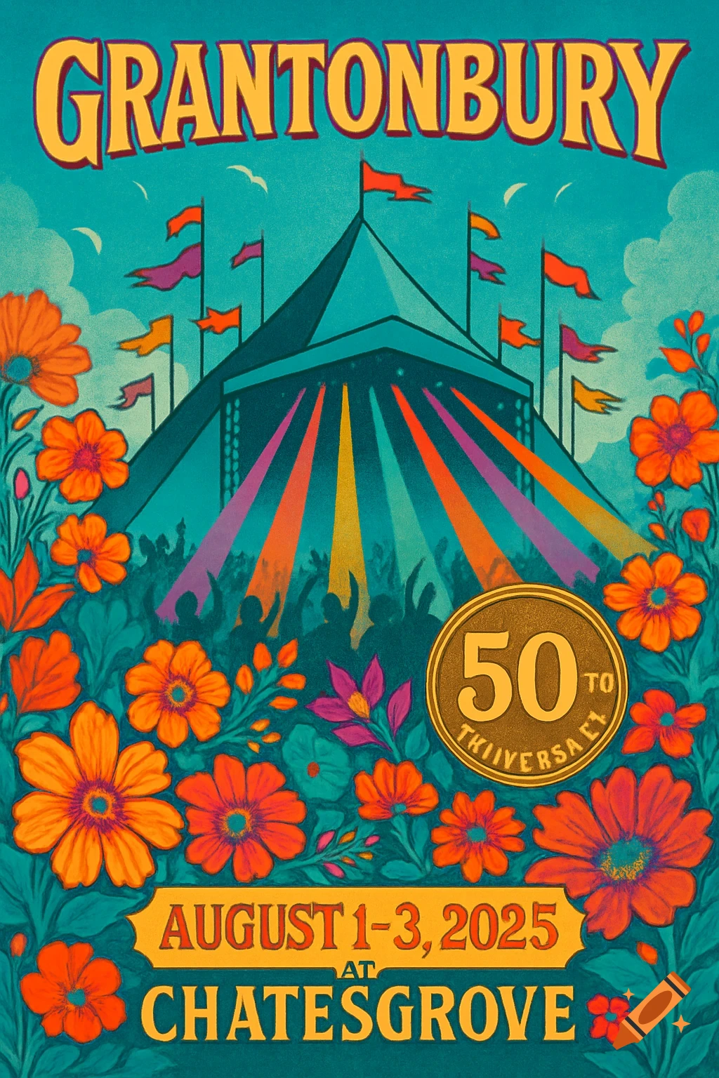 A colorful retro-style poster for a festival called Grantonbury, featuring a large concert stage with lights, a silhouetted crowd, and vibrant orange and purple flowers. Text indicates 'AUGUST 1-3, 2025' and 'AT CHATESGROVE', with a gold circle marking '50'.