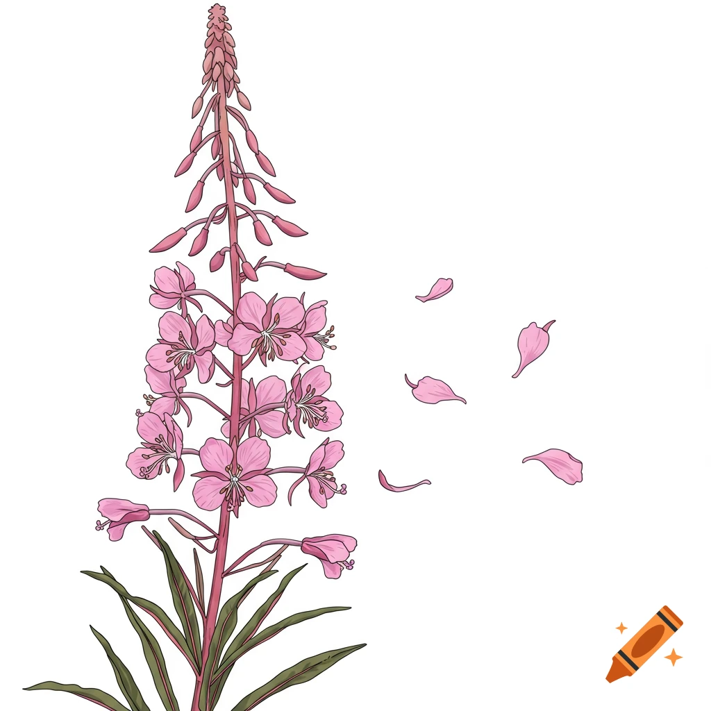 An artistic illustration of pink Alaskan fireweed with falling petals on a white background.