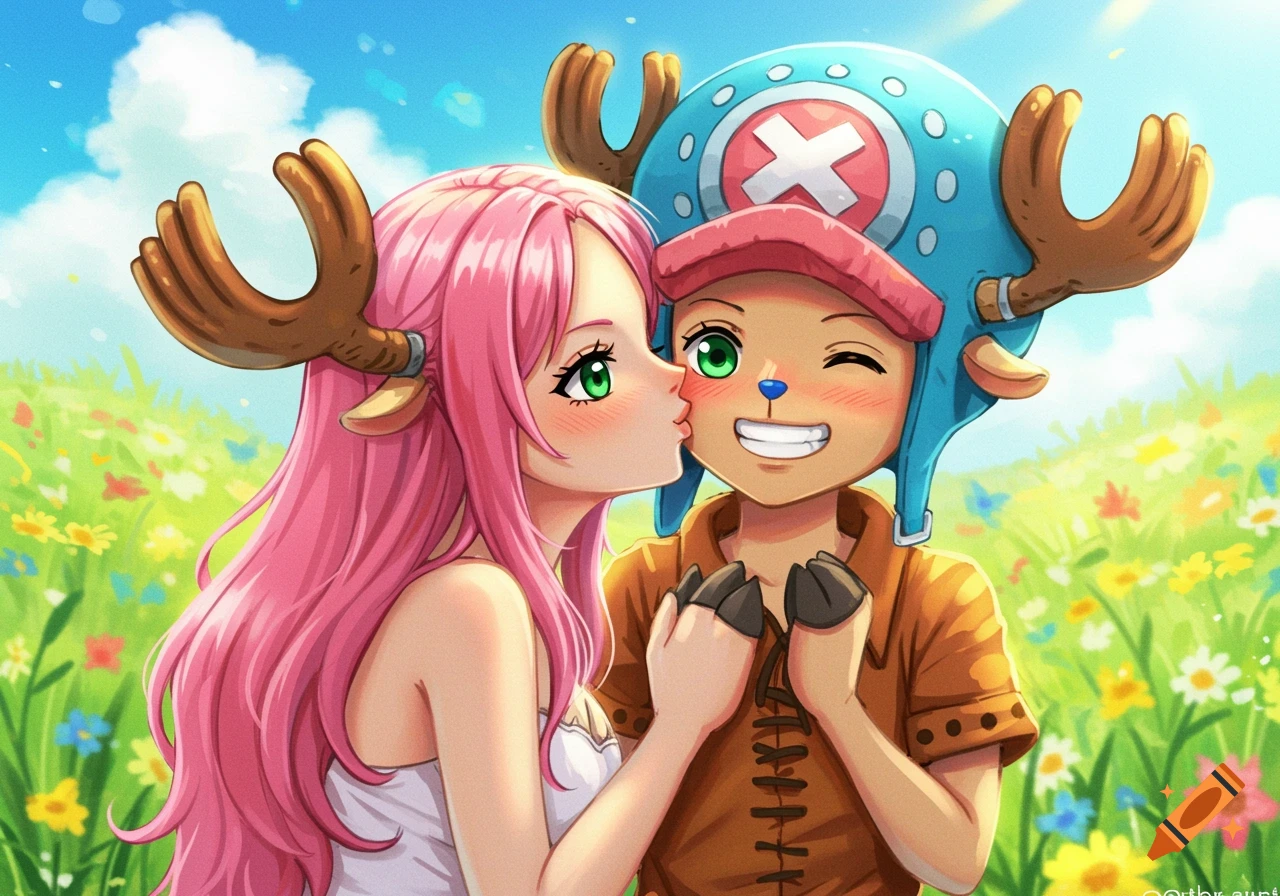 Anime-style image of a pink-haired woman with antlers kissing Tony Tony Chopper on the cheek in a field of wildflowers.