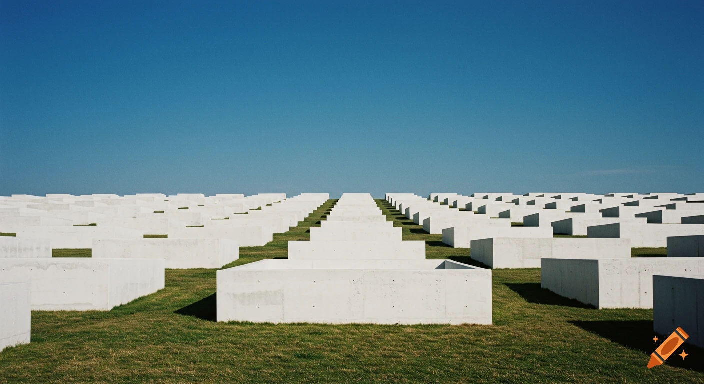 A vast field of white concrete block structures on green grass under a clear blue sky, with a wide-angle perspective.