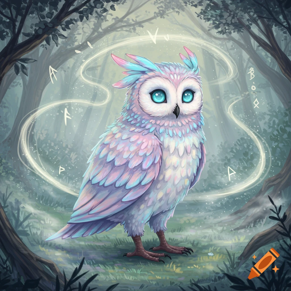 A colorful, stylized owl with blue eyes and pastel pink and blue feathers stands in a mystical forest, surrounded by glowing runic symbols.