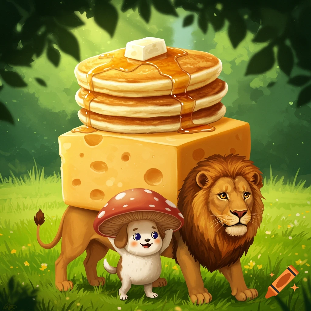 A cartoon lion and a small dog with a mushroom hat carry a giant block of cheese topped with pancakes and butter through a green forest.