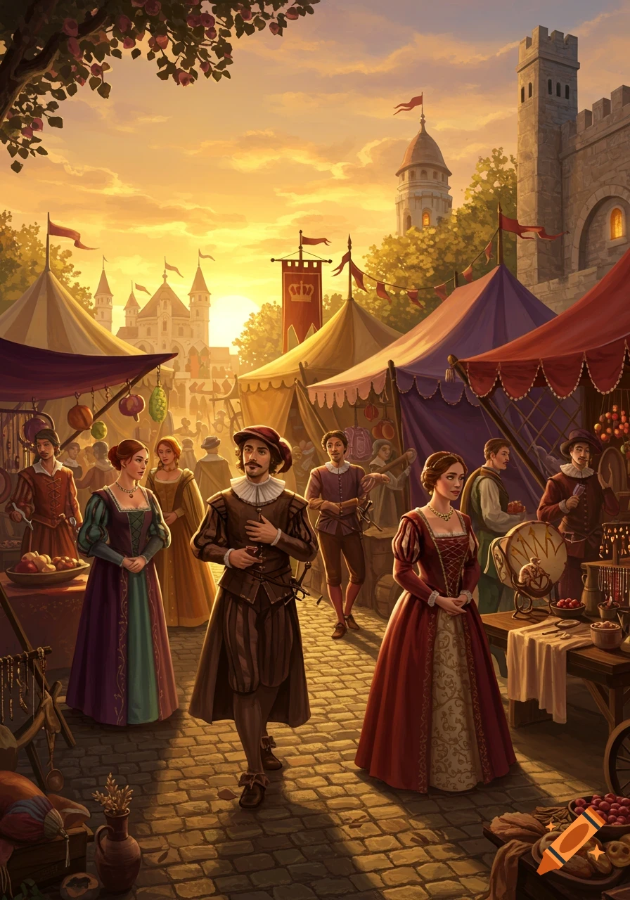 A vibrant Renaissance market scene at sunset, with elegantly dressed people browsing stalls, medieval castles in the background.