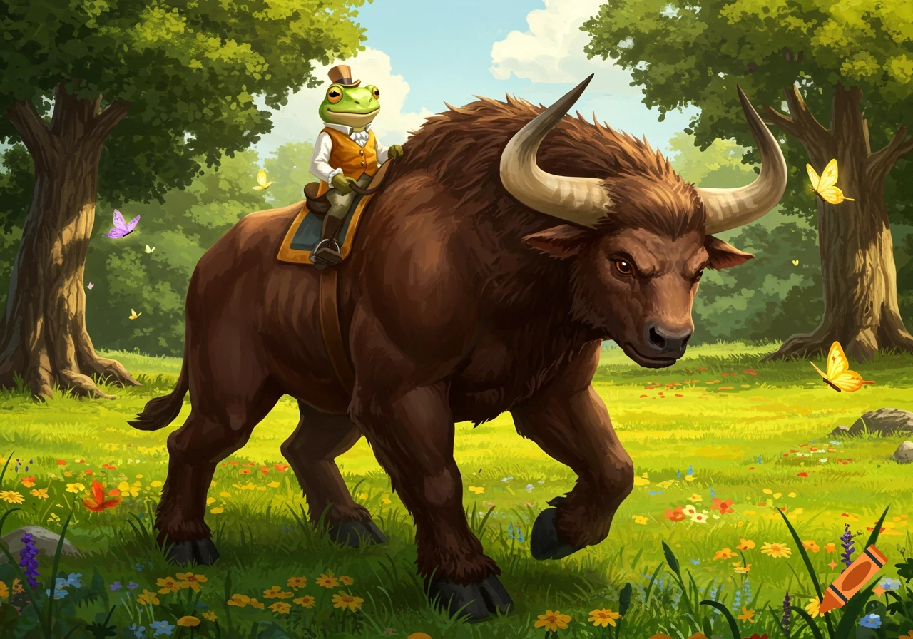 A cartoon frog in a top hat and waistcoat rides a large brown bull through a sunny green field with trees and butterflies.