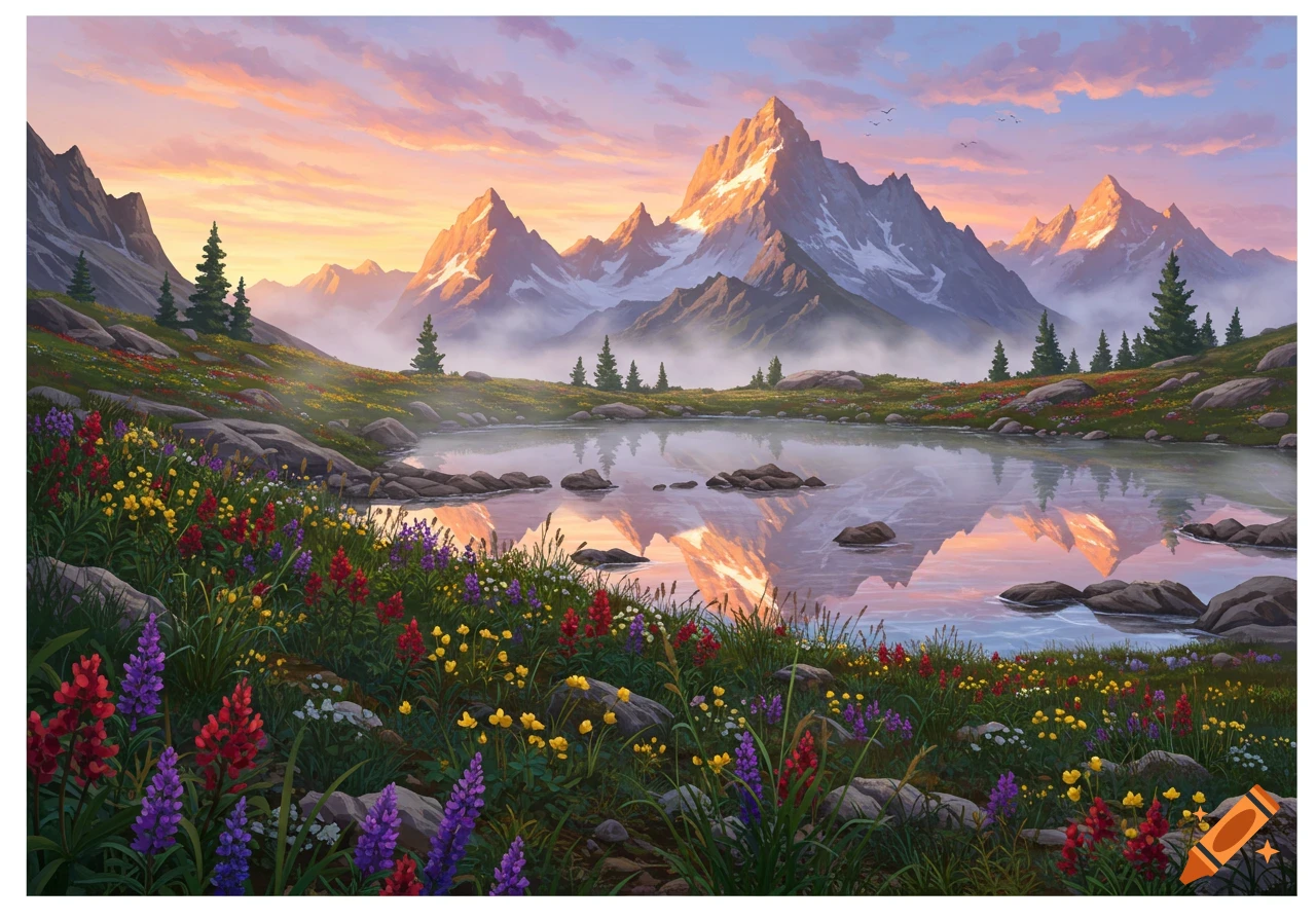A vibrant digital painting of a mountain vista at sunset, with a reflective lake surrounded by colorful wildflowers and pine trees.