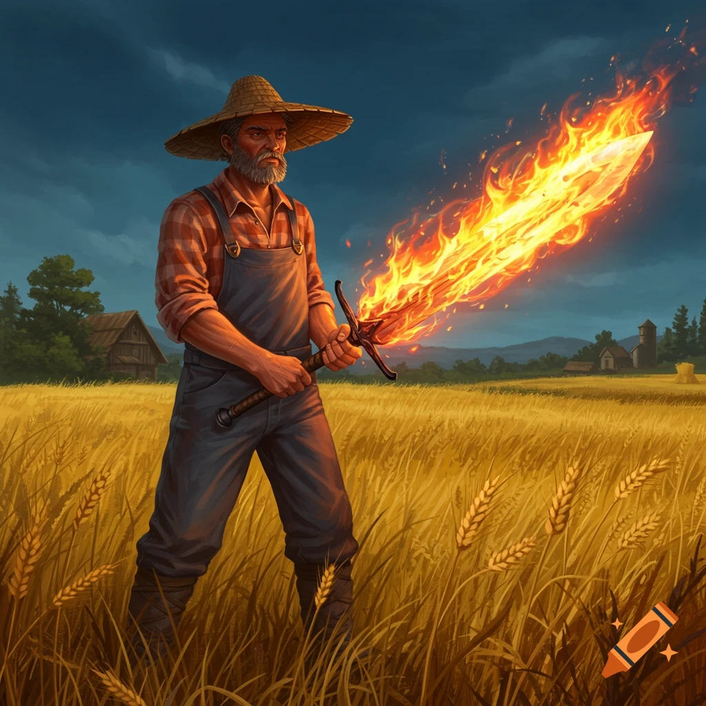 A farmer in a straw hat and overalls stands in a golden wheat field, holding a glowing, flaming sword. A barn is in the background.