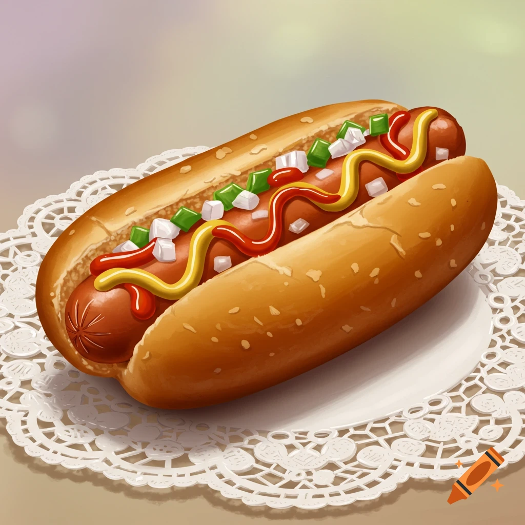 A hot dog with ketchup, mustard, and diced onions rests on a white lace doily instead of a bun.