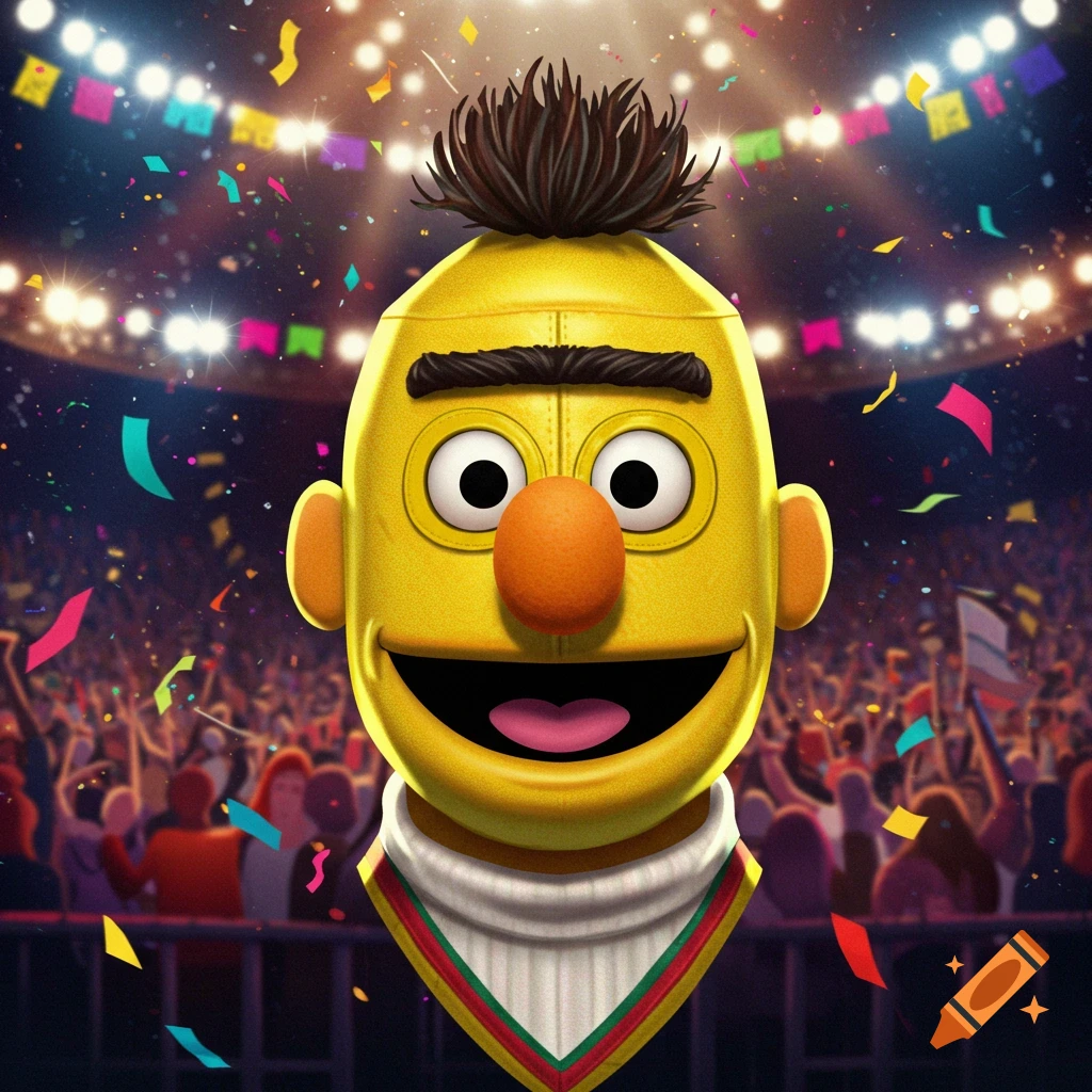 A stylized, yellow Bert from Sesame Street's face, designed as a lucha libre mask, smiles brightly in front of a cheering crowd and stadium lights.