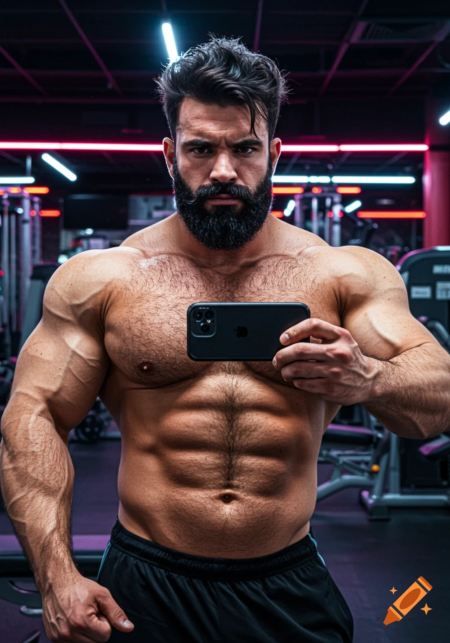 A very muscular, hairy man with a dense beard and black hair takes a selfie with his phone in a gym, looking intensely at the camera.