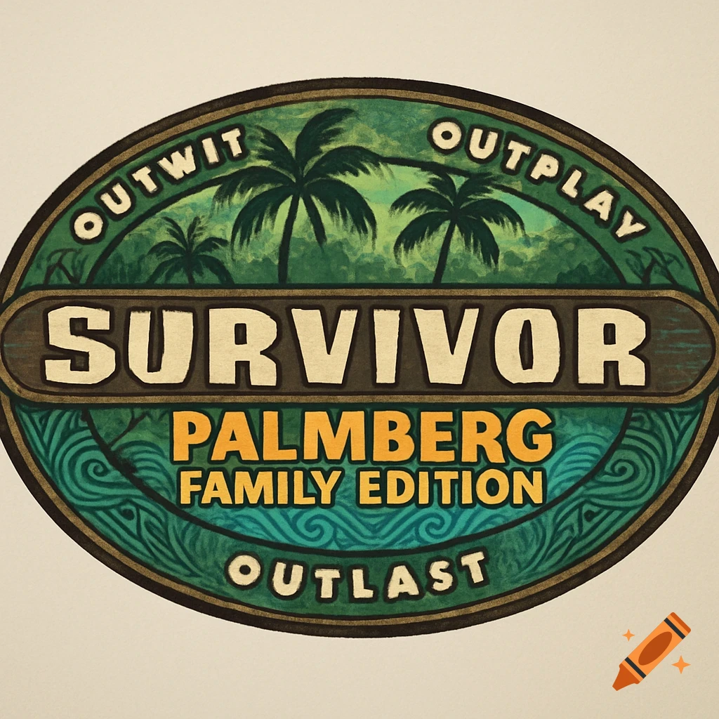 A green and brown oval logo for "Survivor Palmberg Family Edition" with palm trees, water, and "Outwit Outplay Outlast" text.
