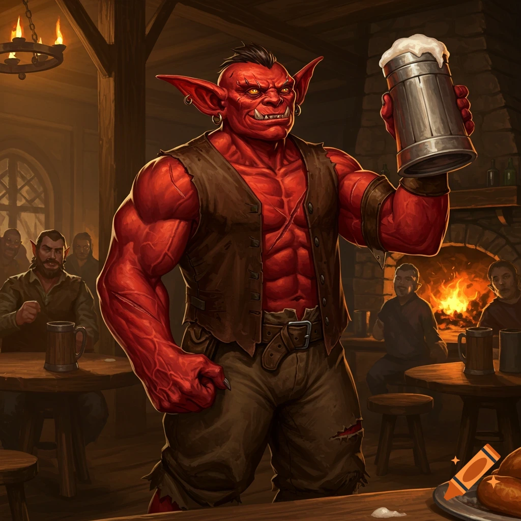 A muscular, red-skinned hobgoblin with sharp teeth and pointed ears stands in a rustic tavern, holding up a frothy metal flagon of beer. He wears a brown vest and baggy pants, with scars visible on his chest. Other patrons are visible in the background around wooden tables and by a fireplace.