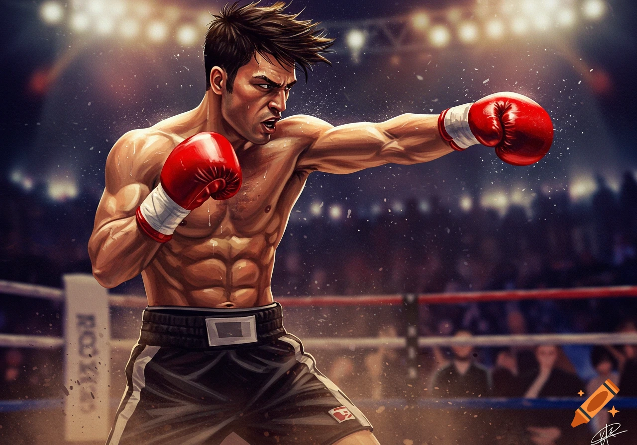 A detailed stylized illustration of a shirtless boxer in a boxing ring, throwing a punch with a red glove.