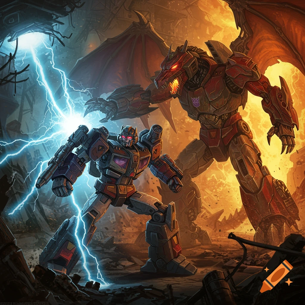 A stylized illustration of a gray and purple robot with lightning fighting a red dragon-like robot in a fiery, destroyed landscape.