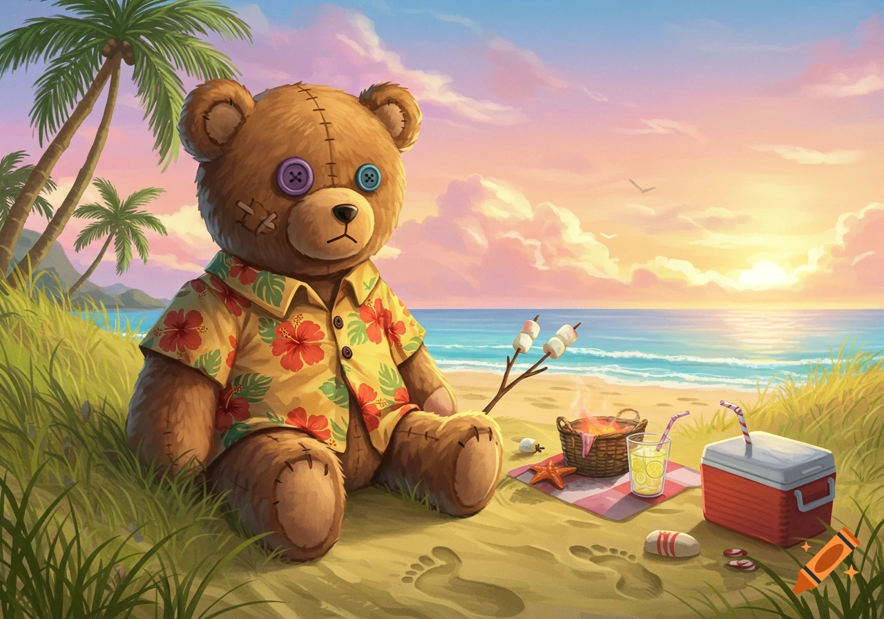 An illustrated teddy bear in a Hawaiian shirt sits on a sandy beach with picnic items at sunset.