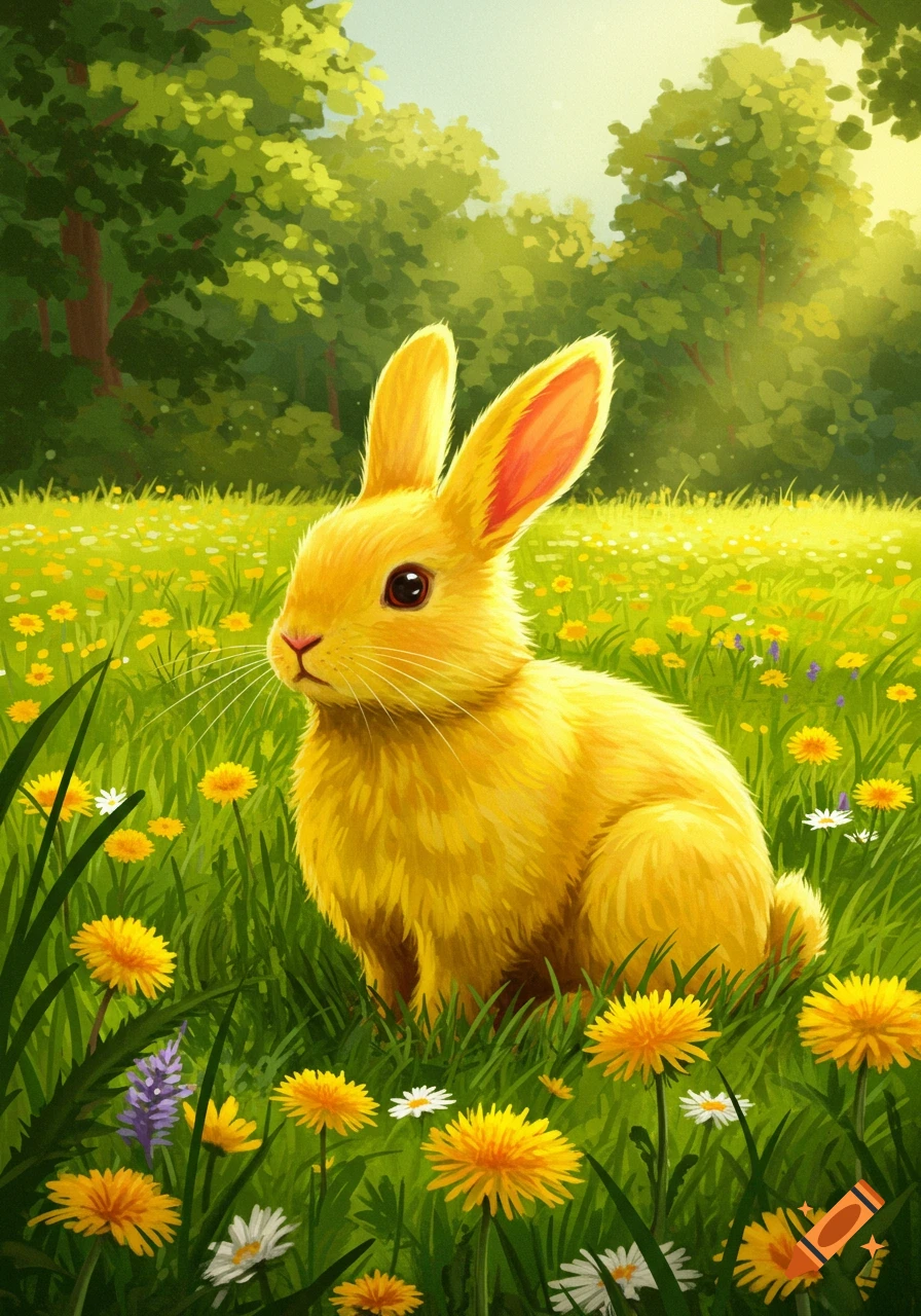 A vibrant yellow rabbit sits in a lush green field filled with yellow dandelions and white flowers, with trees in the background under a bright sky, in an illustrative style.